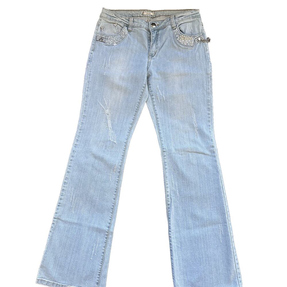 Cache Jeans Bootcut Slim Embellished Crystals Vintage Light Wash Women’s Size 6